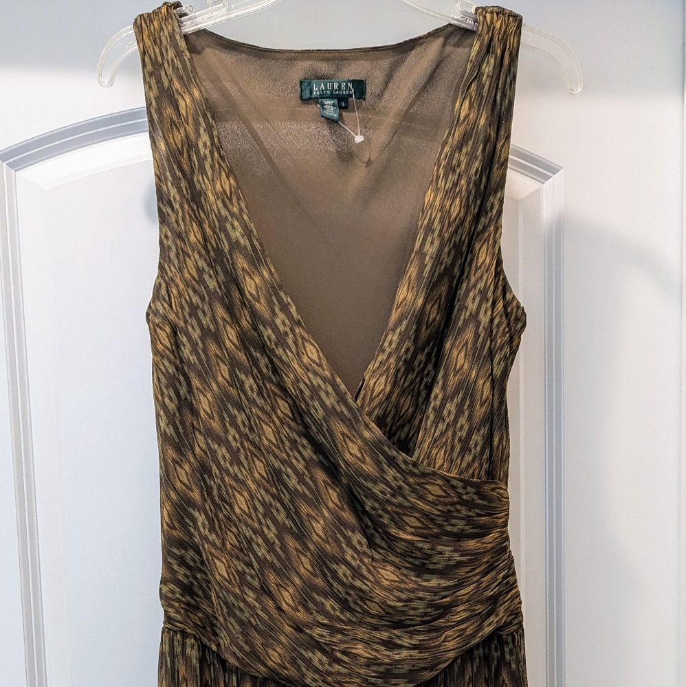 NWT, Ralph Lauren Silk Brown/Olive/Tan color Patterned Dress, sz 16